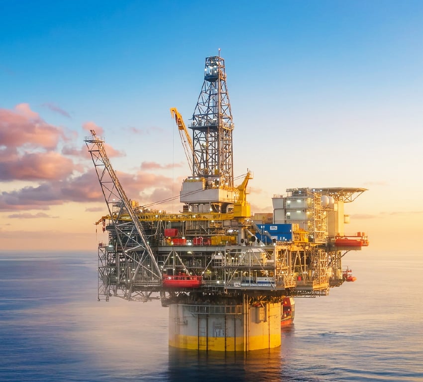 A fixed offshore platform is shown in the Gulf waters.